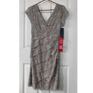 “Scarlet”- Size 10 taupe lace  party dress with small cap sleeves